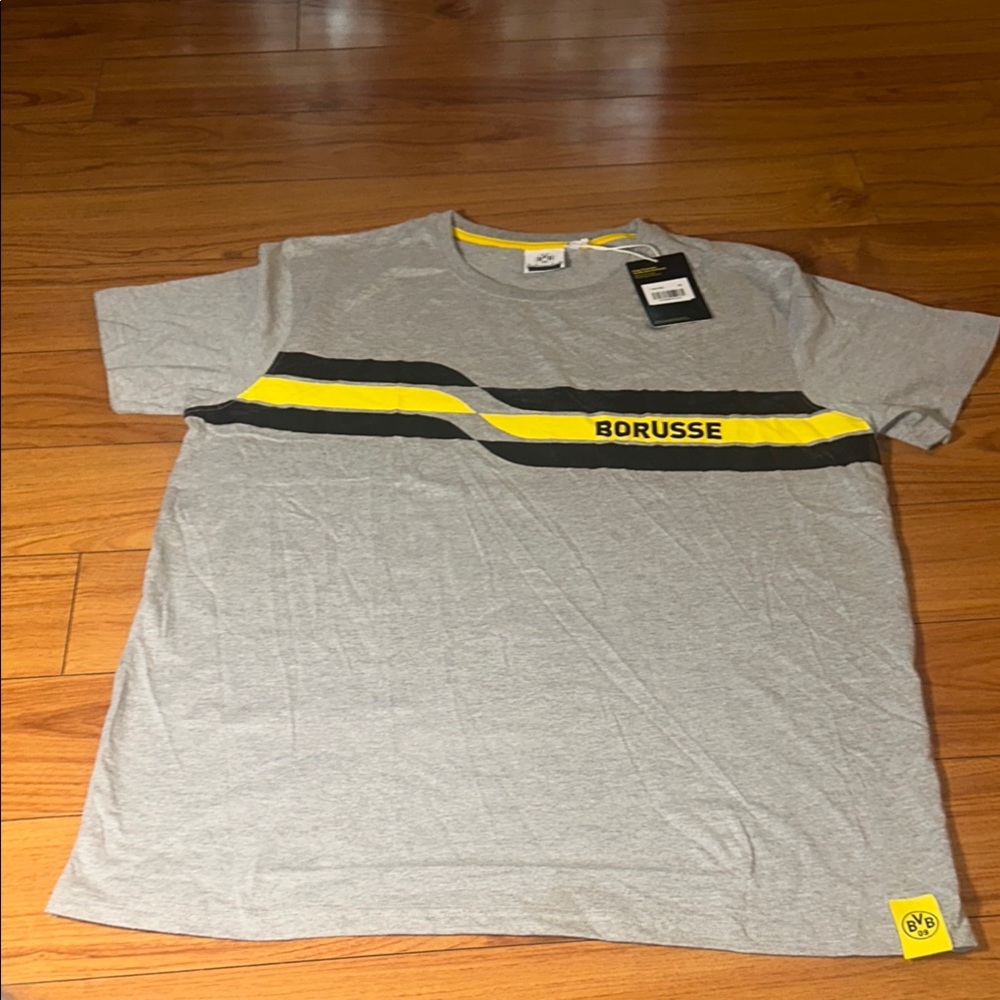 Gray and Yellow Short Sleeve Tee with Sporty Stripes